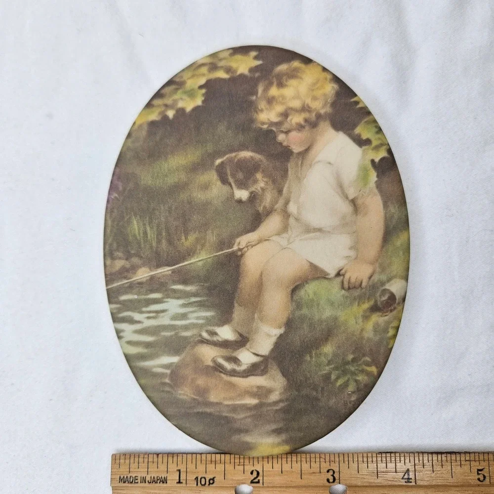 Bee Kay Creations Bessie Pease Gutmann‎ Boy Fishing Dog Oval Wall Plaque Vintage